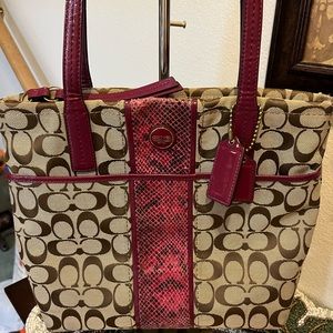 Coach Signature Brown Monogram Tote, Front Python Patent Red Leather Stripe. EUC
